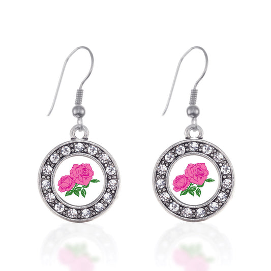 Silver Pink Rose Circle Charm Dangle Earrings
