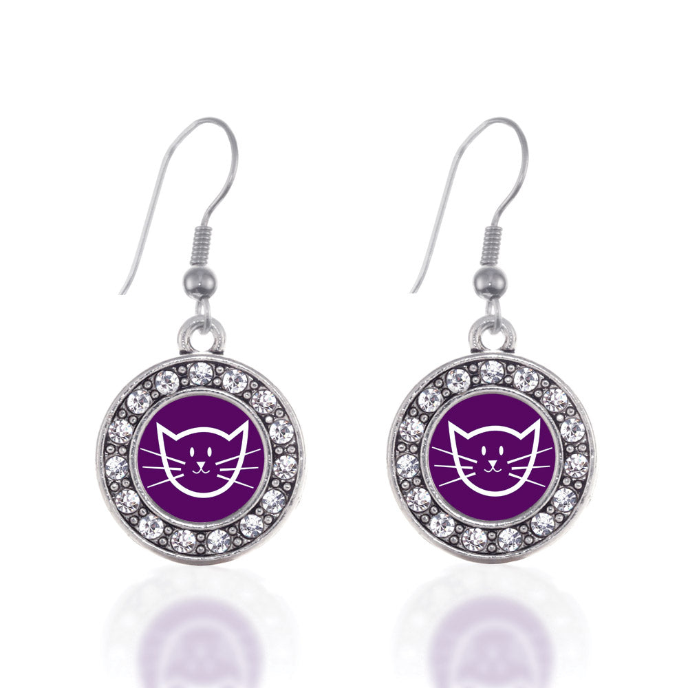 Silver Pretty Kitty Circle Charm Dangle Earrings