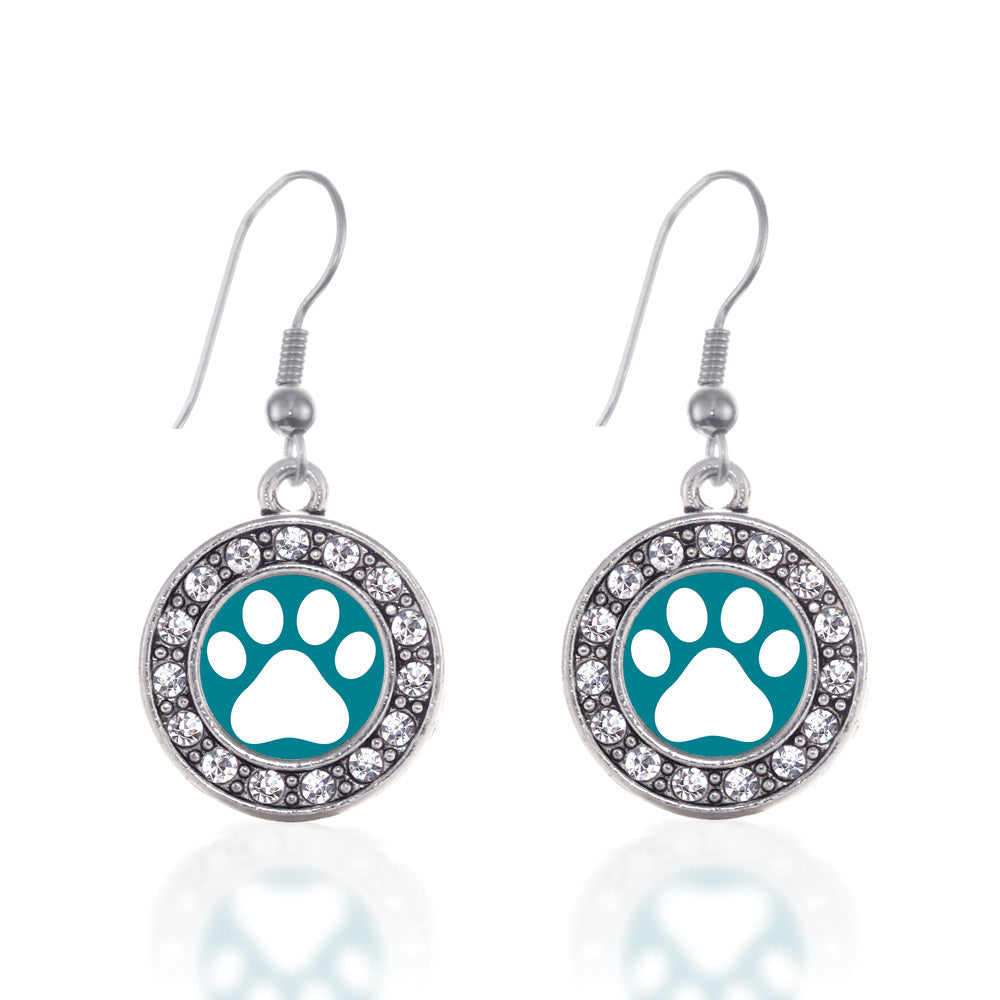 Silver Pretty Paw Print Circle Charm Dangle Earrings