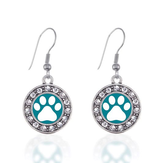 Silver Pretty Paw Print Circle Charm Dangle Earrings