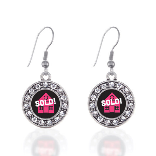 Silver Real Estate Agent Circle Charm Dangle Earrings