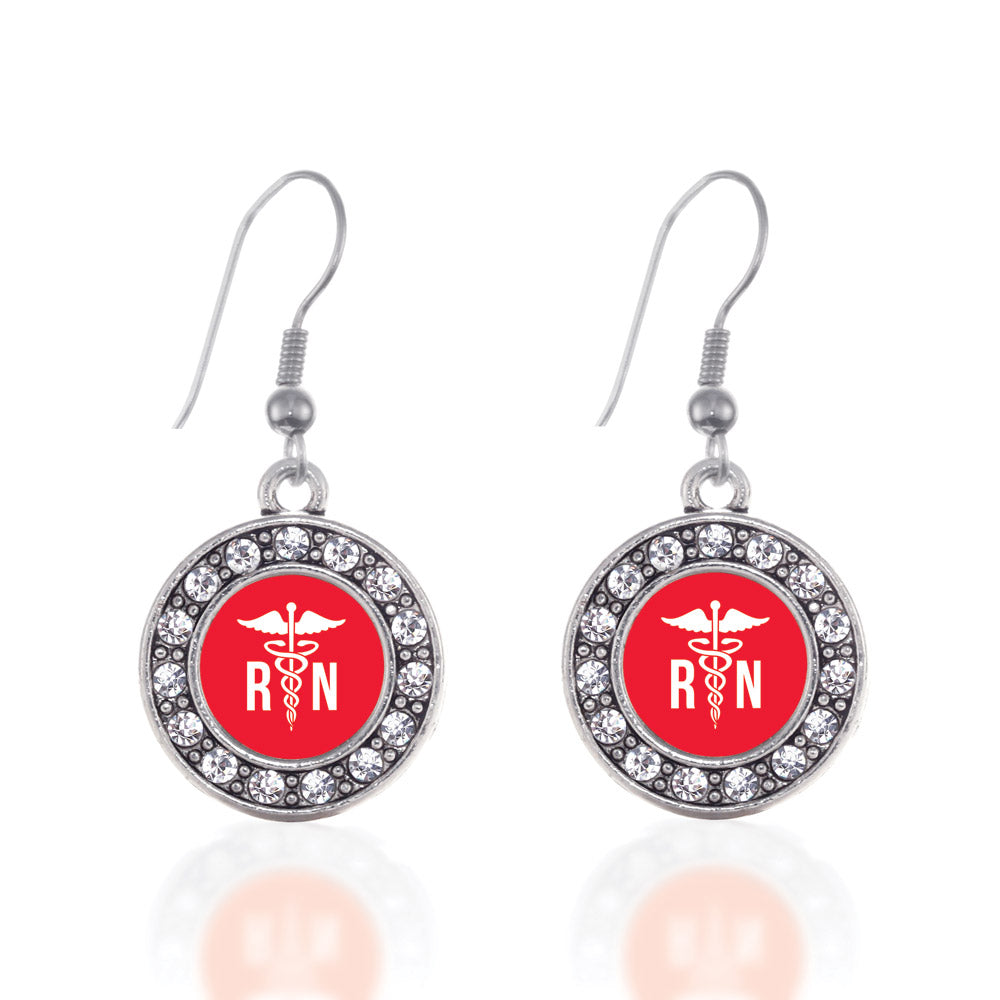 Silver Registered Nurse Circle Charm Dangle Earrings