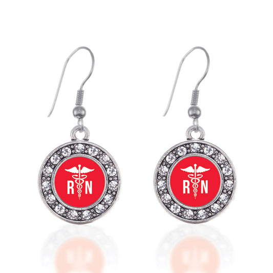 Silver Registered Nurse Circle Charm Dangle Earrings