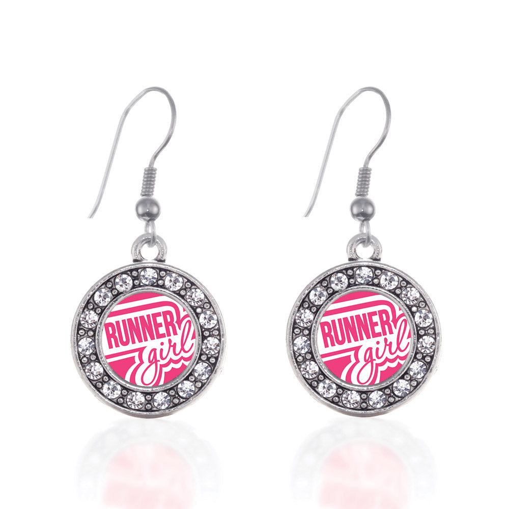Silver Runner Girl Circle Charm Dangle Earrings