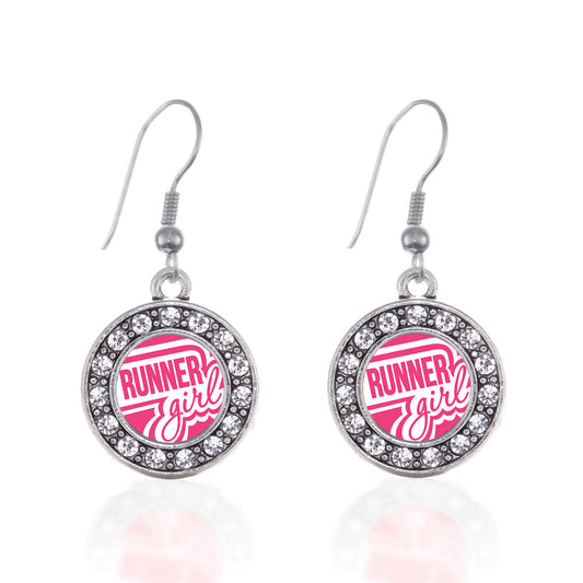 Silver Runner Girl Circle Charm Dangle Earrings
