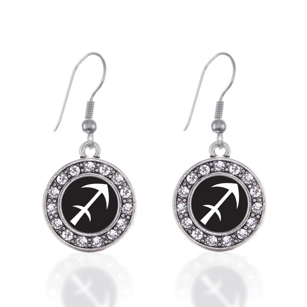 Silver Sagittarius Zodiac Circle Charm Dangle Earrings