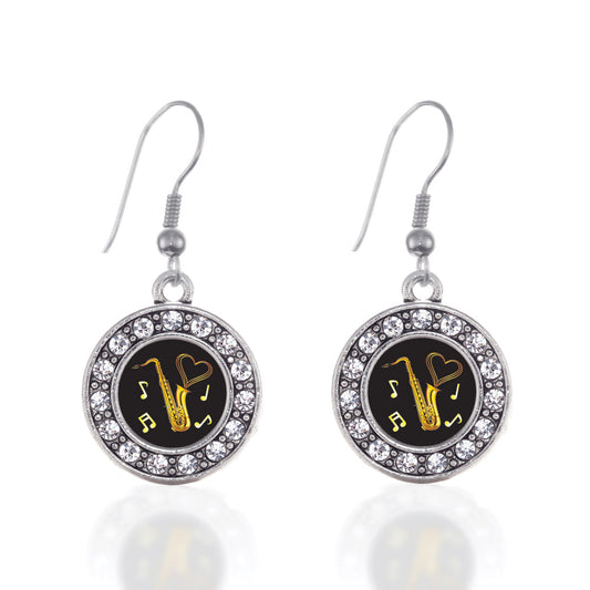 Silver Saxophone Circle Charm Dangle Earrings