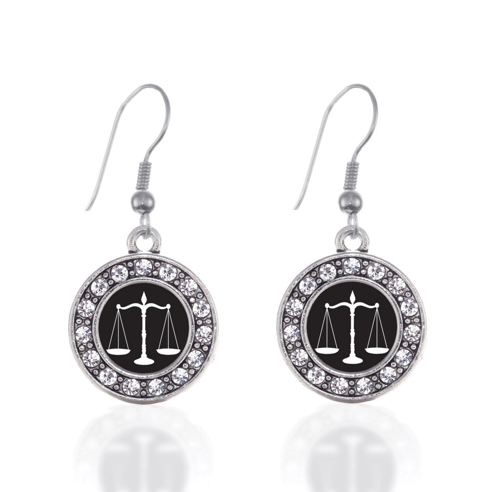 Silver Scale Of Justice Circle Charm Dangle Earrings