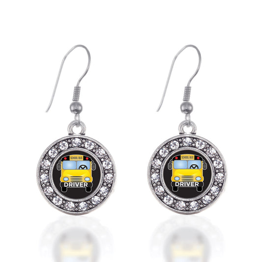 Silver School Bus Circle Charm Dangle Earrings