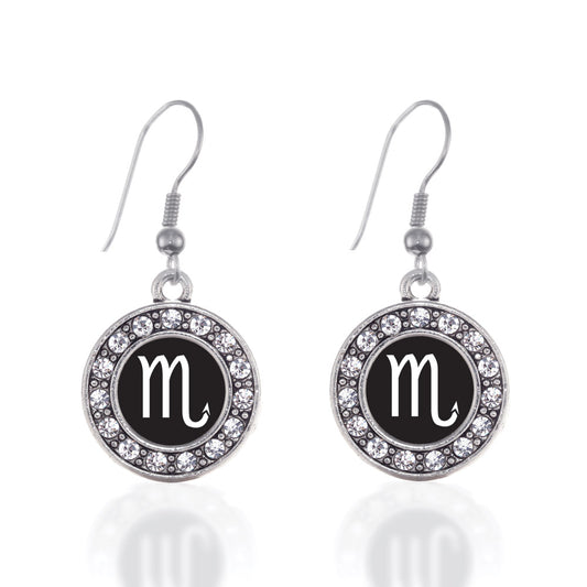 Silver Scorpio Zodiac Circle Charm Dangle Earrings