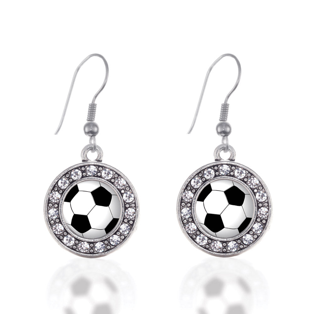 Silver Soccer Circle Charm Dangle Earrings