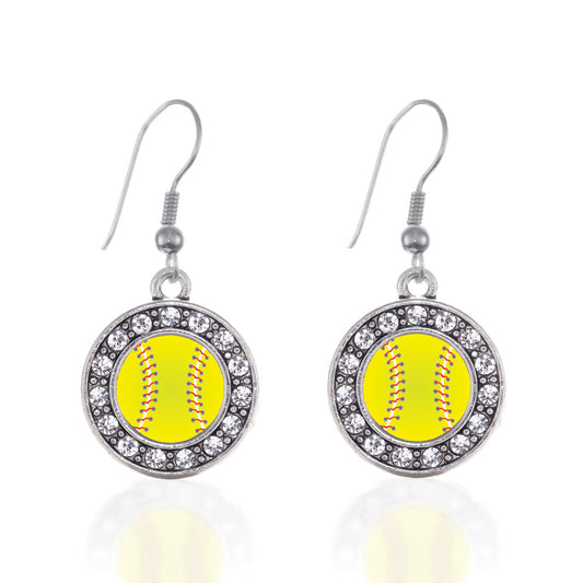 Silver Softball Circle Charm Dangle Earrings