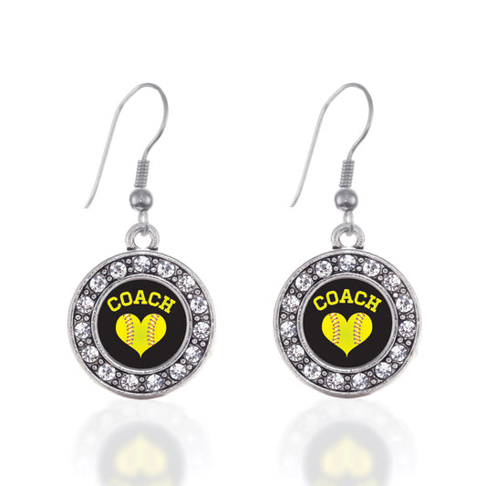 Silver Softball Coach Circle Charm Dangle Earrings