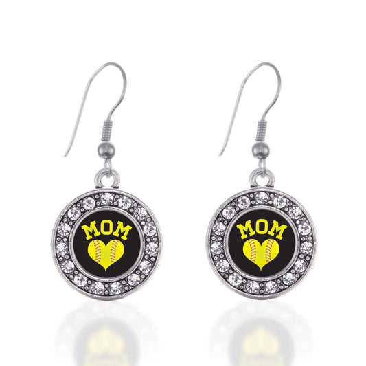 Silver Softball Mom Circle Charm Dangle Earrings