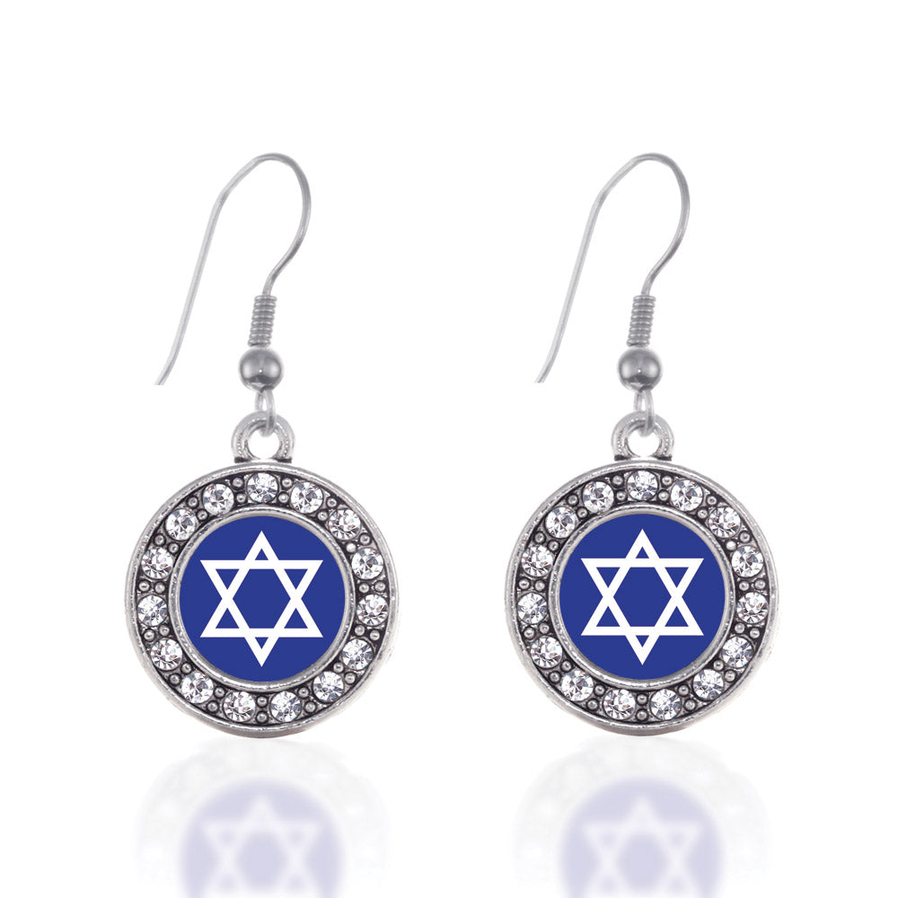 Silver Star of David Circle Charm Dangle Earrings