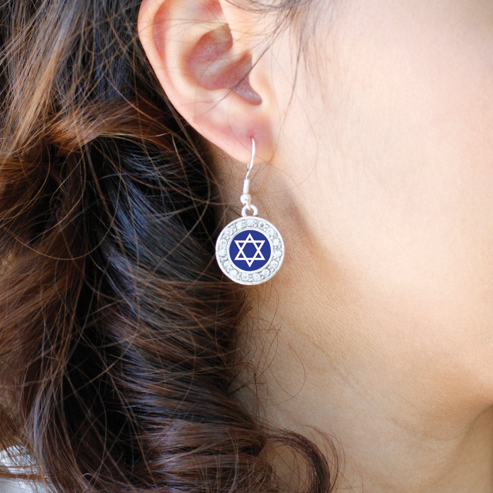 Silver Star of David Circle Charm Dangle Earrings