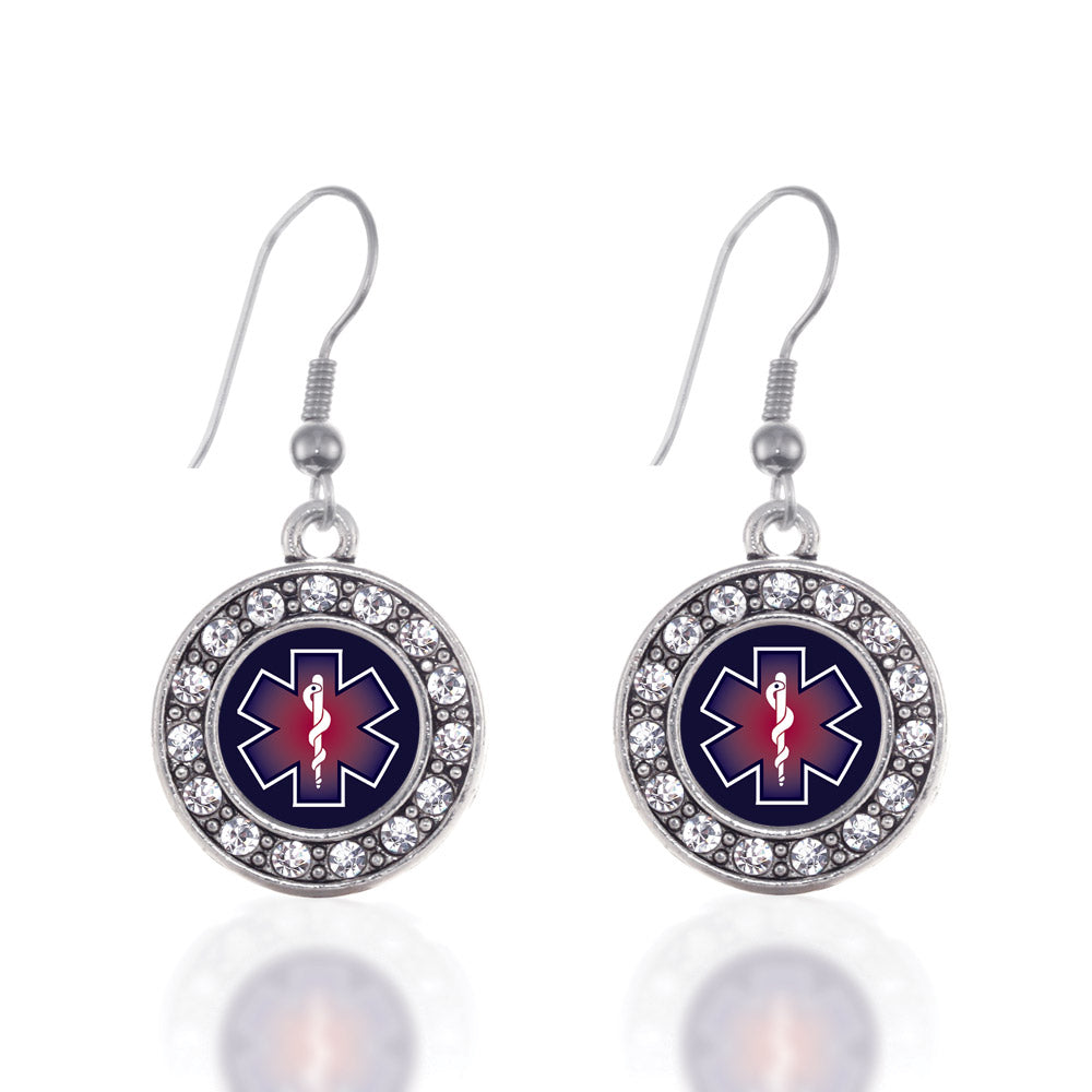 Silver Star Of Life EMT / EMS Circle Charm Dangle Earrings