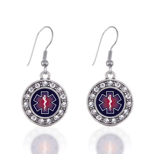 Silver Star Of Life EMT / EMS Circle Charm Dangle Earrings