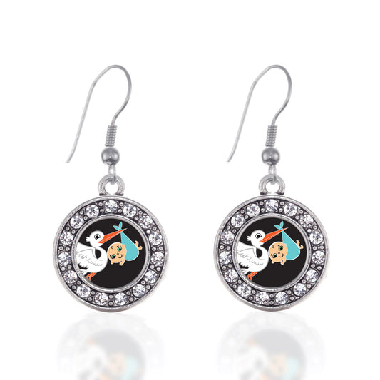 Silver Stork Brings A Boy Circle Charm Dangle Earrings