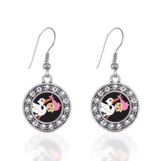 Silver Stork Brings A Girl Circle Charm Dangle Earrings