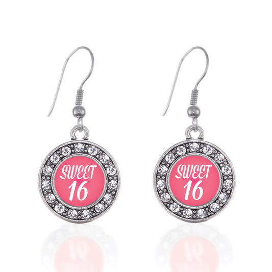 Silver Sweet Sixteen Circle Charm Dangle Earrings