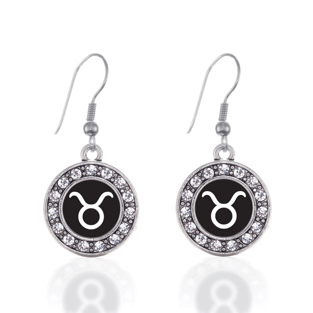 Silver Taurus Zodiac Circle Charm Dangle Earrings