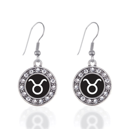 Silver Taurus Zodiac Circle Charm Dangle Earrings