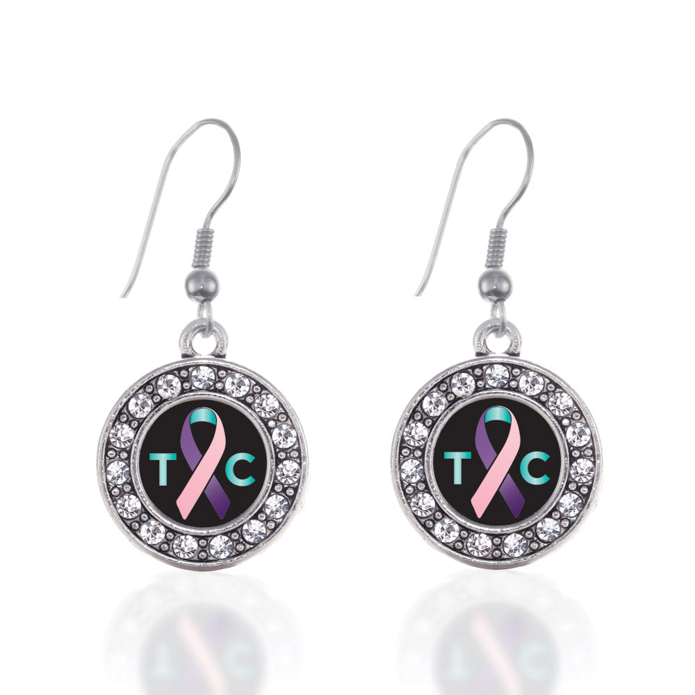 Silver Thyroid Cancer Support Circle Charm Dangle Earrings