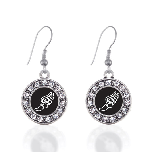 Silver Track Runner Circle Charm Dangle Earrings