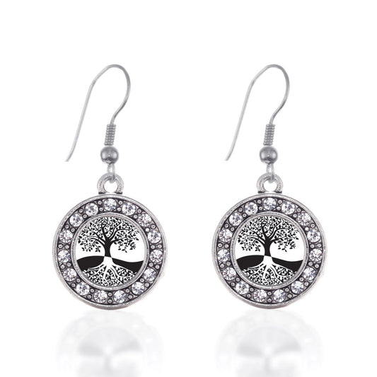 Silver Tree Of Life Circle Charm Dangle Earrings
