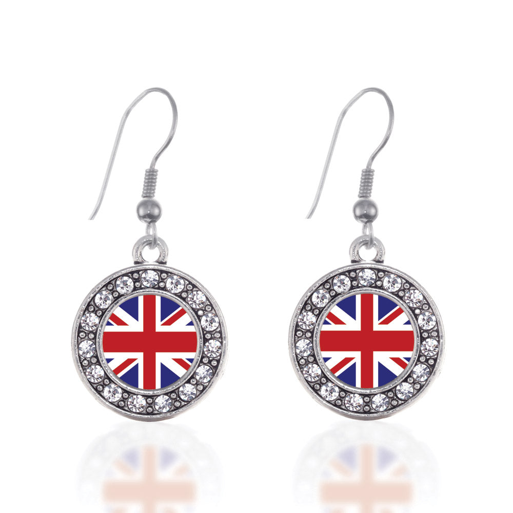 Silver UK Flag Circle Charm Dangle Earrings