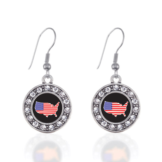 Silver USA Circle Charm Dangle Earrings