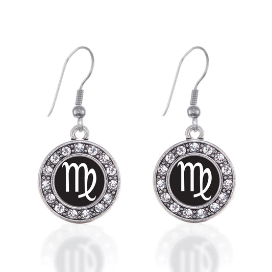 Silver Virgo Zodiac Circle Charm Dangle Earrings