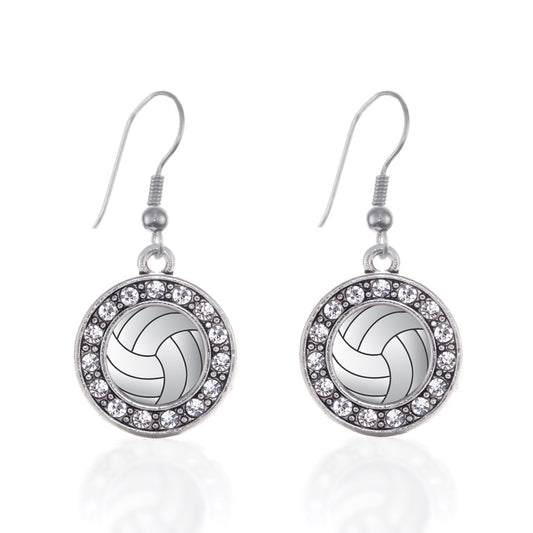 Silver Volleyball Circle Charm Dangle Earrings