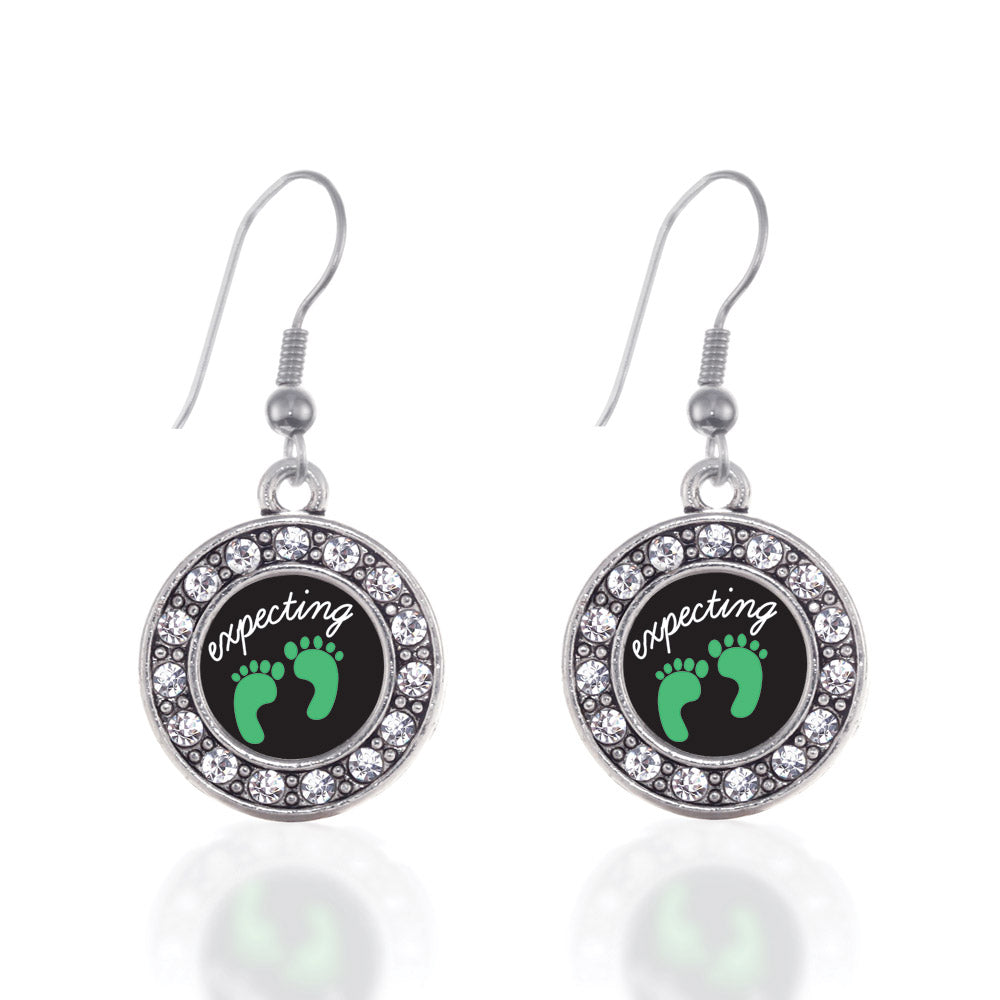 Silver We're Expecting! Footprints Circle Charm Dangle Earrings
