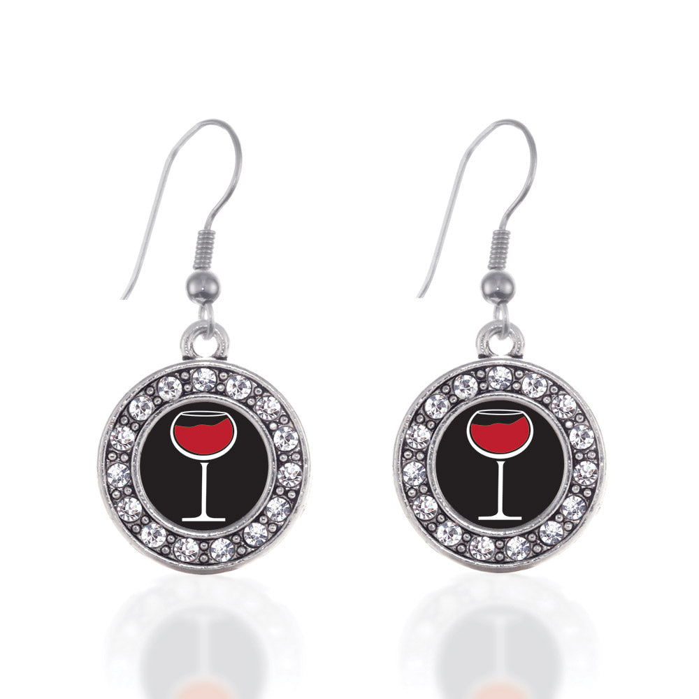 Silver Wine Lovers Circle Charm Dangle Earrings