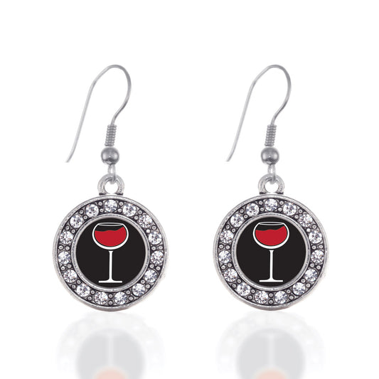 Silver Wine Lovers Circle Charm Dangle Earrings