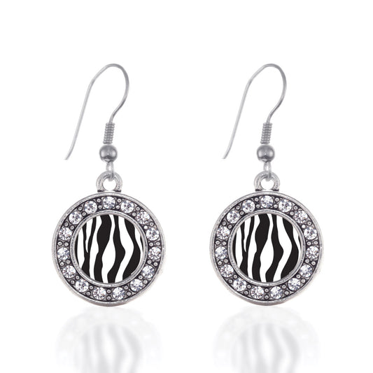 Silver Zebra Print Circle Charm Dangle Earrings