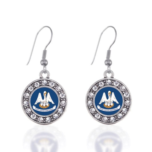 Silver Louisiana Flag Circle Charm Dangle Earrings