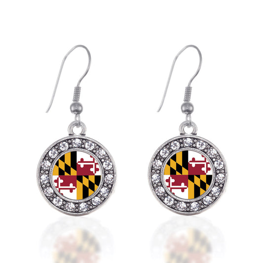 Silver Maryland Flag Circle Charm Dangle Earrings