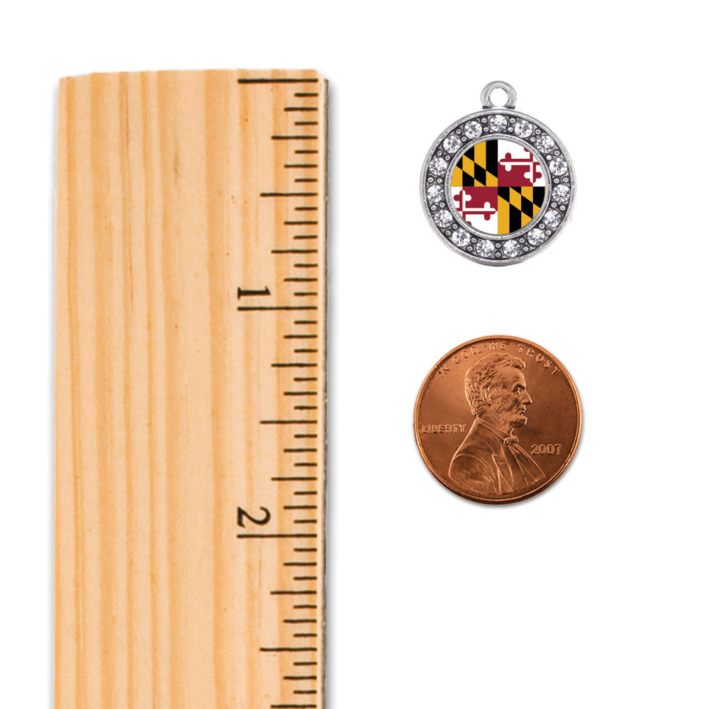 Silver Maryland Flag Circle Charm Dangle Earrings