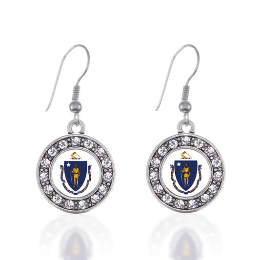 Silver Massachusetts Flag Circle Charm Dangle Earrings