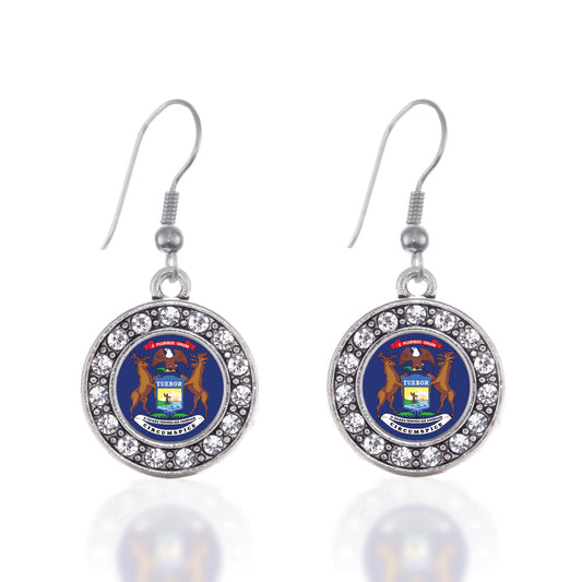 Silver Michigan Flag Circle Charm Dangle Earrings