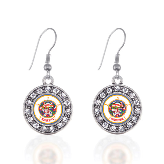 Silver Minnesota Flag Circle Charm Dangle Earrings