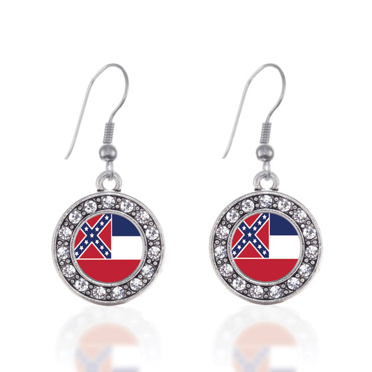 Silver Mississippi Flag Circle Charm Dangle Earrings