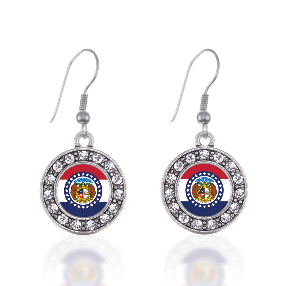 Silver Missouri Flag Circle Charm Dangle Earrings