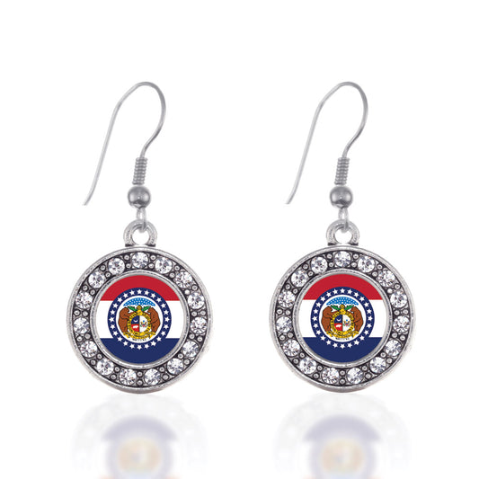 Silver Missouri Flag Circle Charm Dangle Earrings