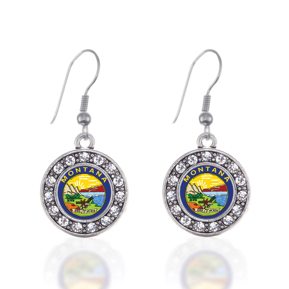 Silver Montana Flag Circle Charm Dangle Earrings