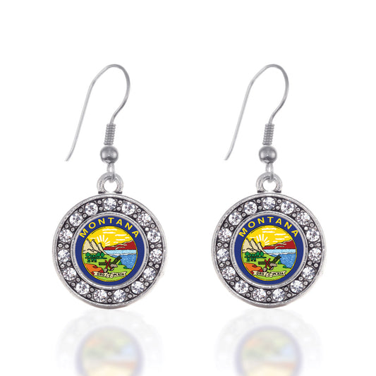 Silver Montana Flag Circle Charm Dangle Earrings
