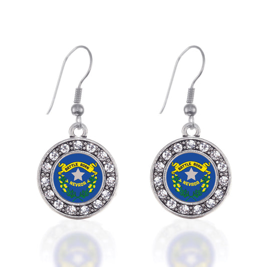 Silver Nevada Flag Circle Charm Dangle Earrings